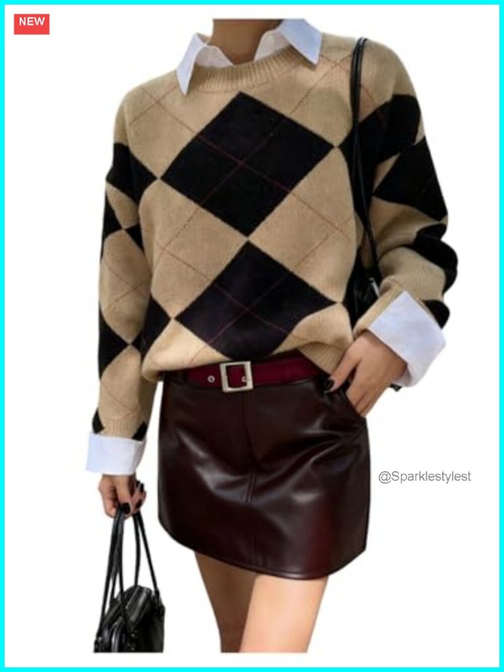 Argyle Plaid Sweater Long Sleeve Crew Neck Knit Pullover